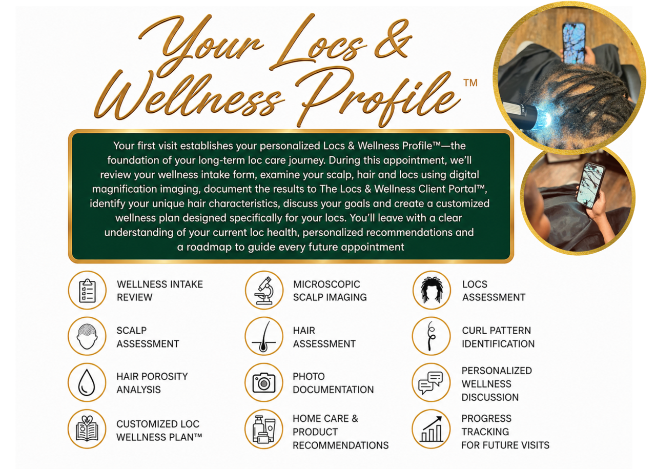 Your Locs & Wellness Profile™ — your first visit includes a wellness intake review, microscopic scalp imaging, locs and hair assessment, hair porosity analysis, photo documentation, a customized loc wellness plan, and progress tracking for future visits.